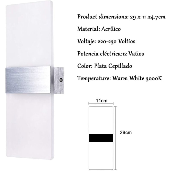 12W LED indendørs væglampe simpelt design børstet grå glas væglampe til soveværelse stue badeværelse 29CM [Energiklasse A+]. KLB