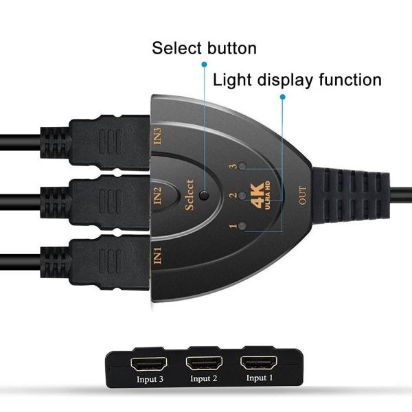HDMI-switch, 3-port 4K HDMI-switch 3x1-switch-splitter med Pigtail-kabel