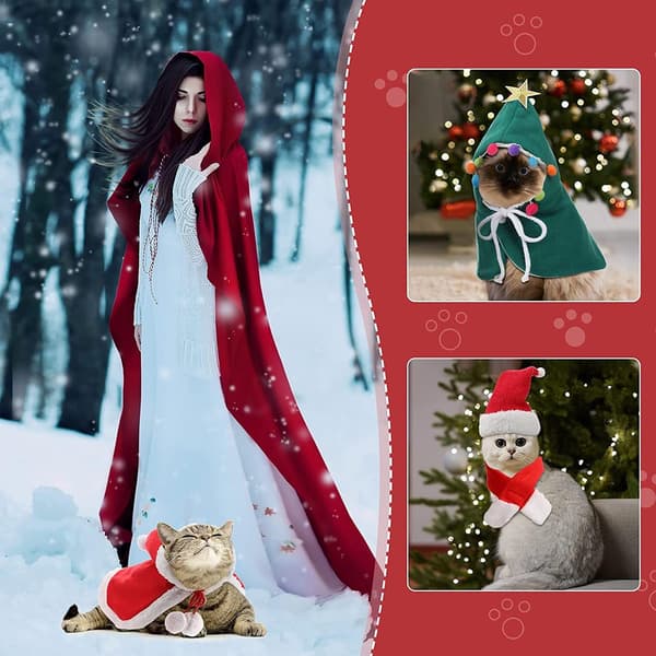 Grøn julekostume til kæledyr med hue, halstørklæde og kappe
