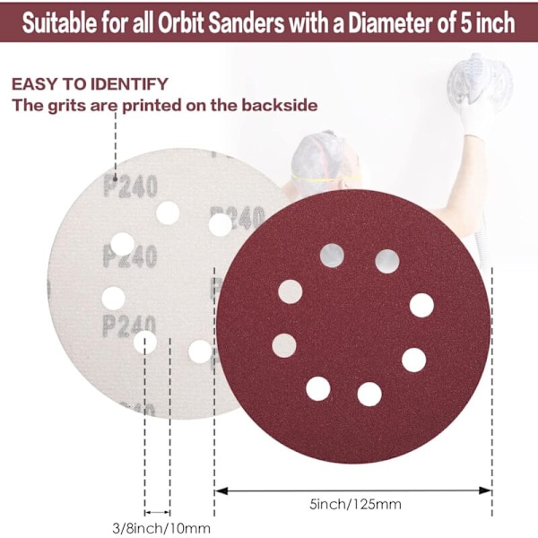100 stk slibeskiver 125 mm korn 240, sandpapir slibeskiver 8 huller ideel til slibning/polering til excentrisk slibemaskine KLB