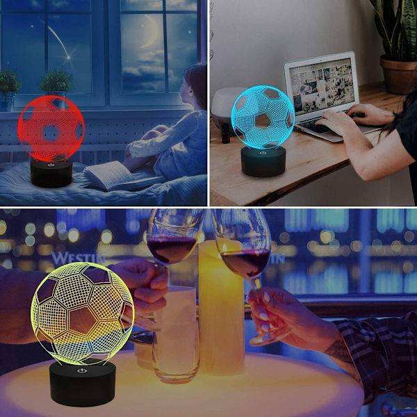 Fotball 3D illusjonsnattlampe, 7 farger skiftende berøringskontroll LED-skrivebordslampe KLB
