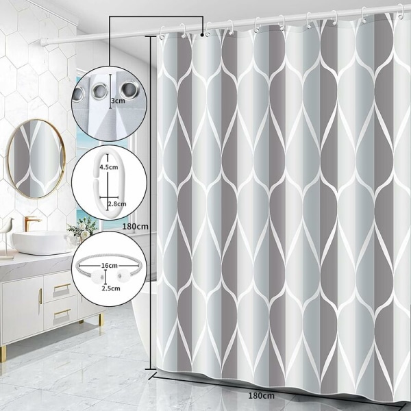 Dusjforheng, vaskbart, antibakterielt, antimugg, vanntett, polyester med 12 ringer (grå, B 220 x H 200 cm) KLB