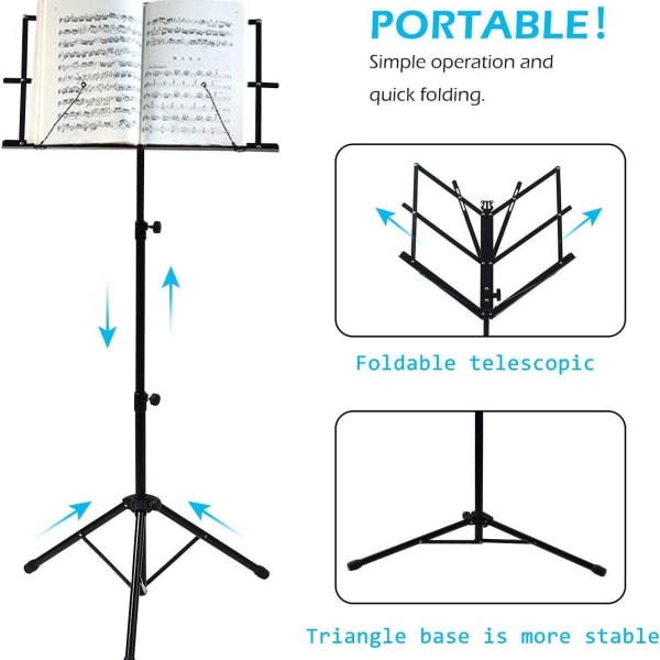 Høydejusterbart notestativ, bærbart sammenleggbart metallstativ med KLB