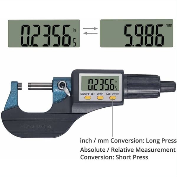 LCD digital mikrometer, 0-25 mm, opløsning 0,001 mm, automatisk stop, ABS + rustfrit stål