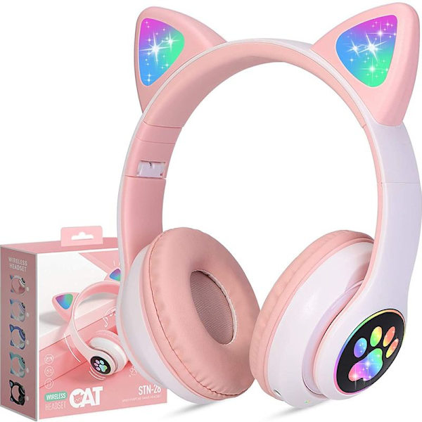 Vackert stereospelheadset med mikrofon, kattöron, ladyrosa