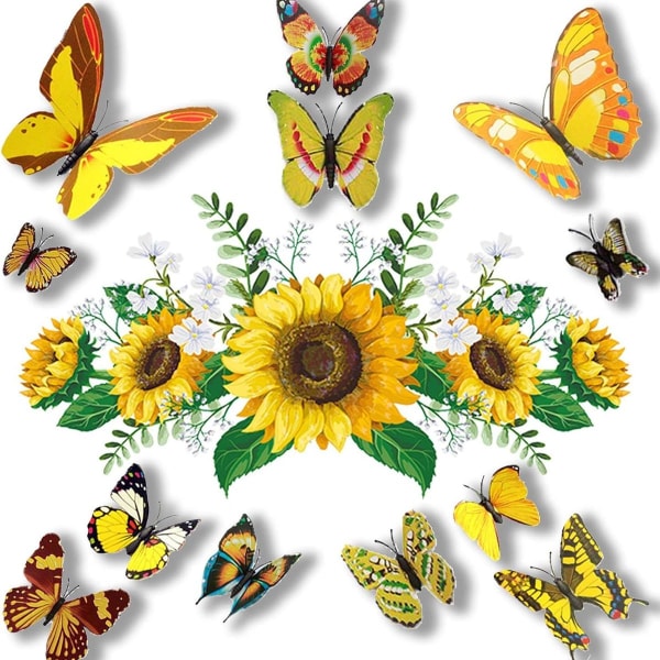 Auringonkukkaseinätarrat 12 värikkäällä 3D-perhosseinätarralla lapsille KLB