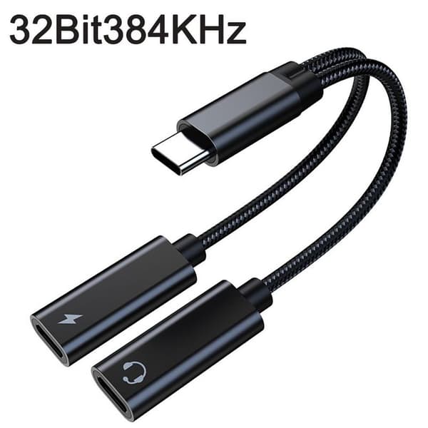 USB-C-splitter, dobbelt USB-C-hovedtelefoner og opladeradapter med TA2H-R2L60 sort