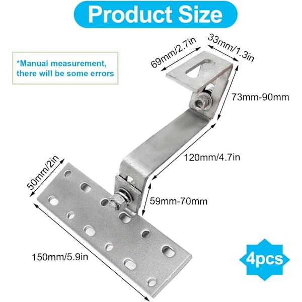 4 stk. solcellepanel monteringsbraketter, rustfritt stål solcellepanel brakett, for solcelle PV brakett, solcellepanel brakettkroker, enkel å installere KLB