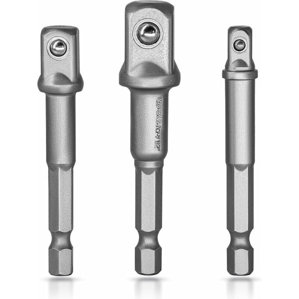 S&R Socket Holder Adapters på boremaskine Slagværktøjer. Sæt med 3 firkantede chuckadaptere 1/4\", 1/2\", 3/8\" i kromvanadium (Lysegrå) KLB