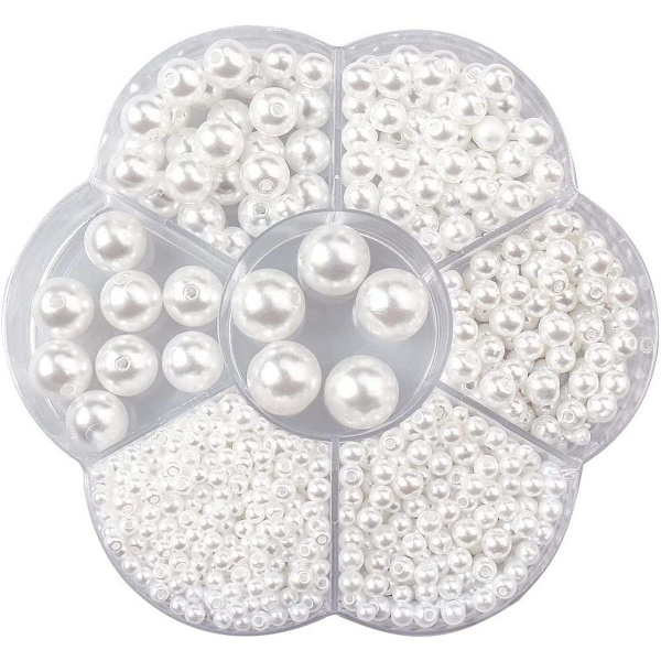 Paket med 1150 vita runda pärlor 3/4/5/6/8/10/12 mm vita konstgjorda pärlor smycken