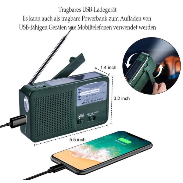 Bærbar nødradio Solradio Sveiv AM FM-radio med LED-lommelykt USB-port