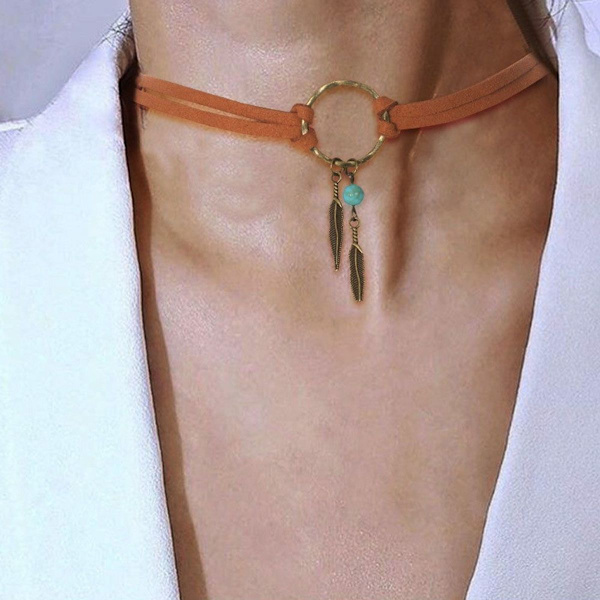 Naisten vintage pitkä choker-kaulakoru turkoosi riipuksella, seksikäs