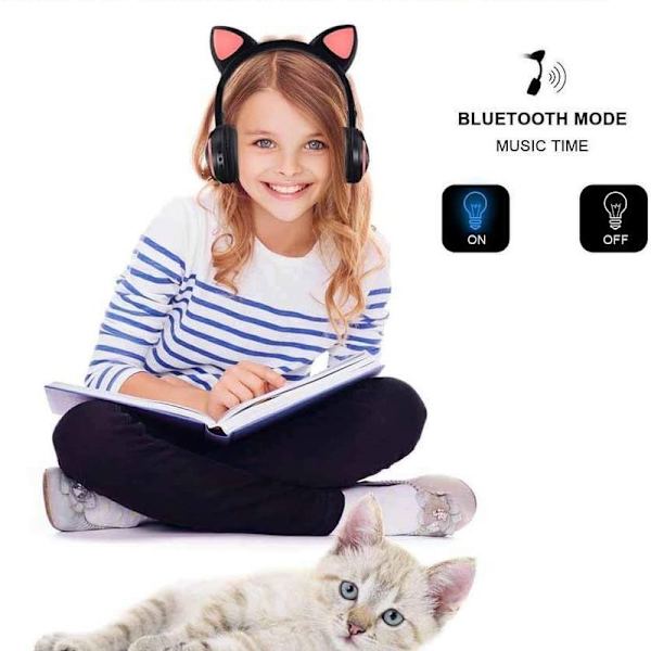 Trådløst Bluetooth-katteøre-headset med mikrofon og 7-farget LED