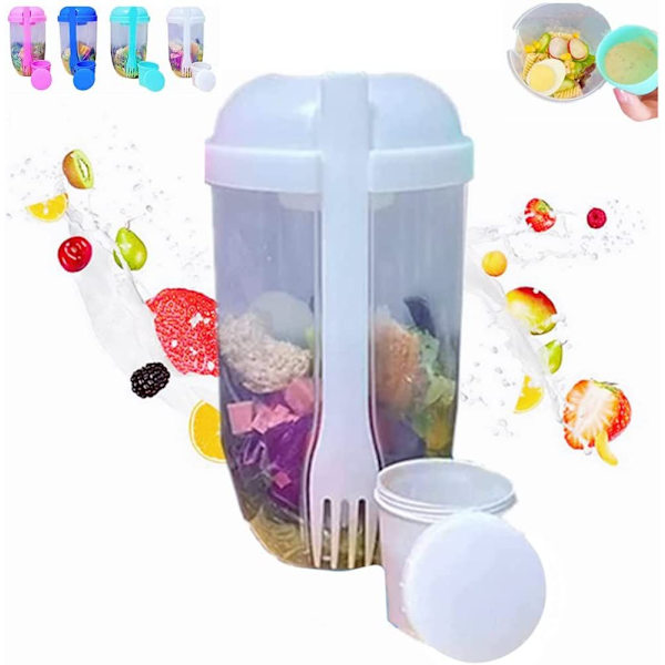 Hvit Frisk Salatbeholdersett for å Ta Med, Hold deg i Form Salat Shaker Cup med Gaffel og Dressingholder, Sunn Salatbeholder, Grønnsaksfrokost for å Ta Med, F