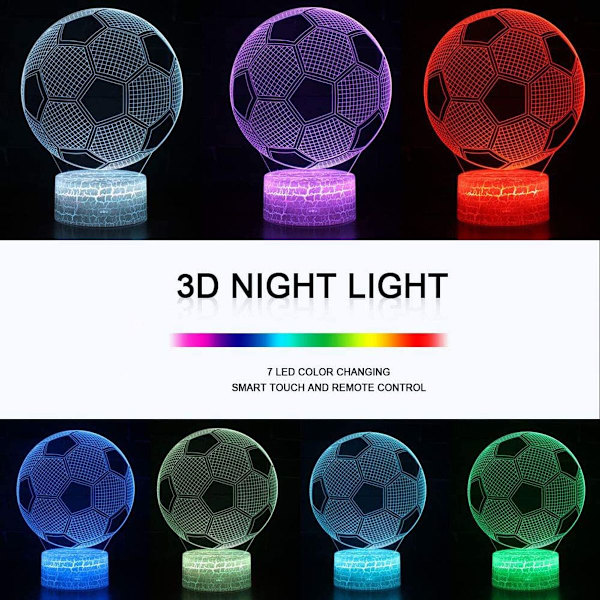 Fodbold 3D Lampe LED Natlys Illusion Lamper 7 Farver Touch Control KLB