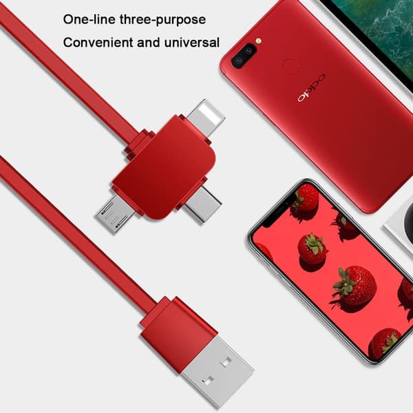 Multi-ladekabel, 3 i 1 sammenleggbar USB-kabel med rød