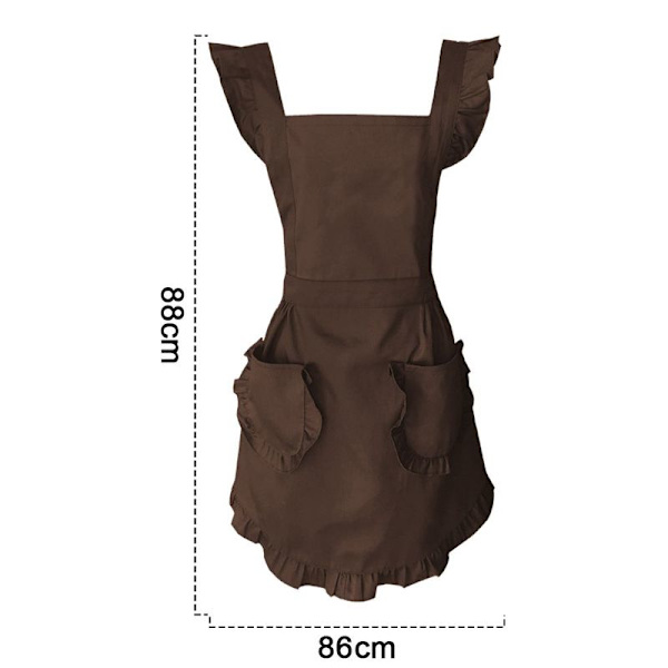 Justerbar retro volangförkläde med fickor, storlek S till plus size, brun