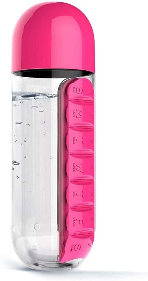 Bærbar 2-i-1 pilleæske/flaske-600 ml(pink og sort)-