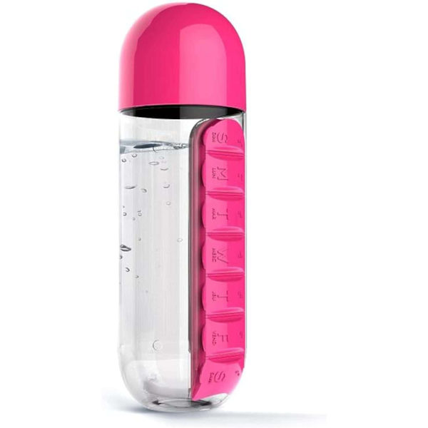 Bärbar 2-i-1 pillerburk/flaska-600 ml(rosa och svart)-