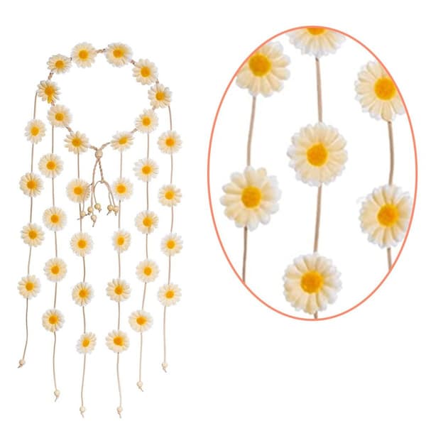 Blomsterkrone Hodebånd Hippie Hodeplagg for Kvinner Justerbar Blomst Beige