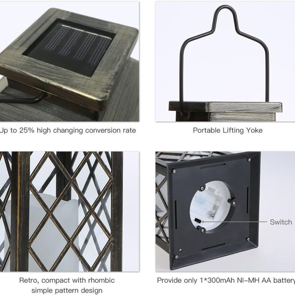 Solcelle lanterne, solcelle lanterne med stearinlys-effekt, solcelle lampe til udendørs brug KLB