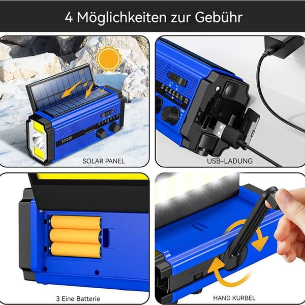 Bärbar solradio, AM/FM vevradio med uppladdningsbart 5000 mAh, A