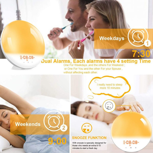 Soluppgångslarm, väckningsljus med sängvibrator, FM-klocka