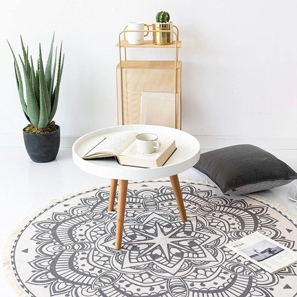 Vintage Rundt Tæppe 90cm Bomuld Rundt Vaskbart Mandala Tæppe