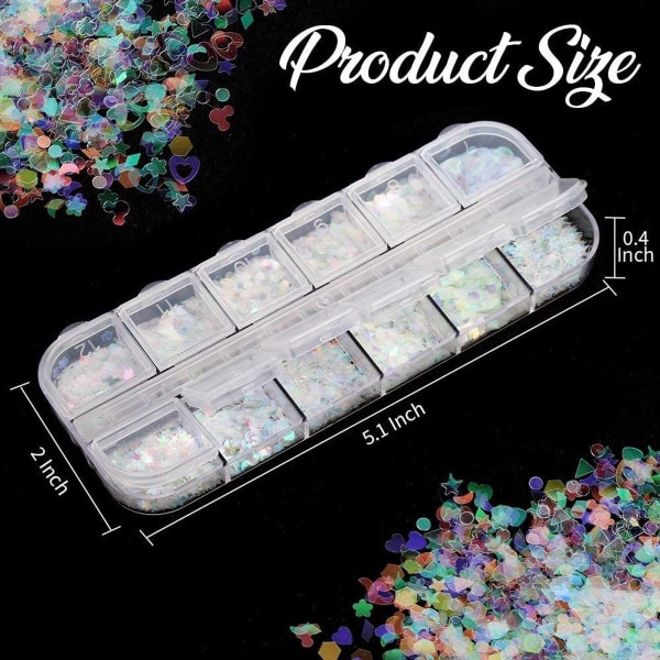 12 farvede hologram neglepaillet med ultra tynde farverige glitterklistermærker med havfrue KLB