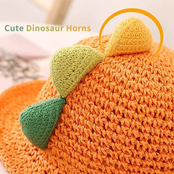 Söt tecknad dinosauriefiskarehatt (orange, hattens omkrets 48 cm), sommarflickans solhatt, stråhatt, strandhatt, söt, lätt och andningsbar