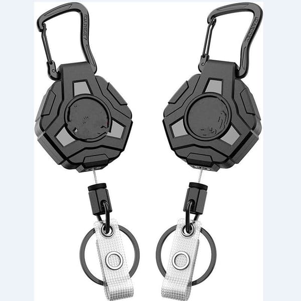 En sort nøglering med snor, heavy duty hook loop badge clip
