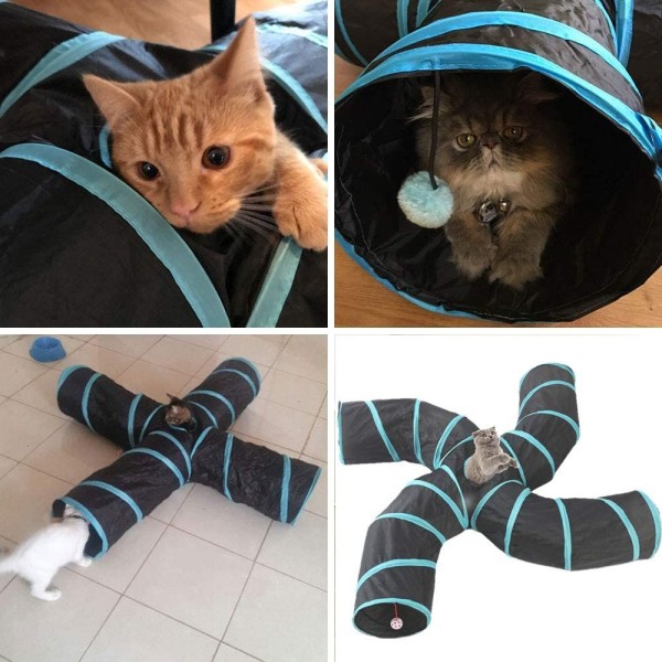 Kattunnel, interaktiv 4-vägs hopfällbar tunnelrörslabyrintleksak för små djur, kanin, kattunge, valp, illrar, marsvin (4-vägs)
