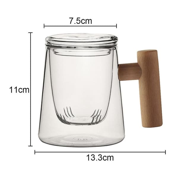 Glas tekopp med tesil och lock, tekopp med trähandtag, stil 4