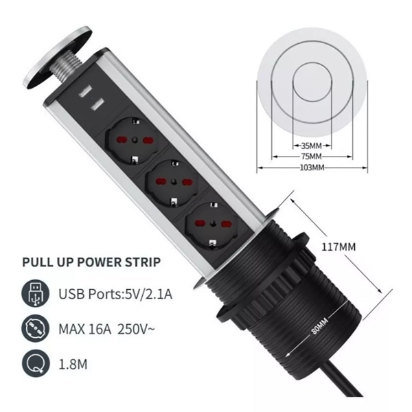 Bordsuttag Multifunktionell 3 Pluggar 2 USB -portar Modern KLB