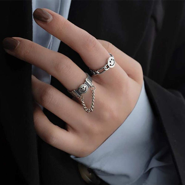 Gotisk knogring set, 2-delad smiley finger ring med halvöppen kedja tofs KLB