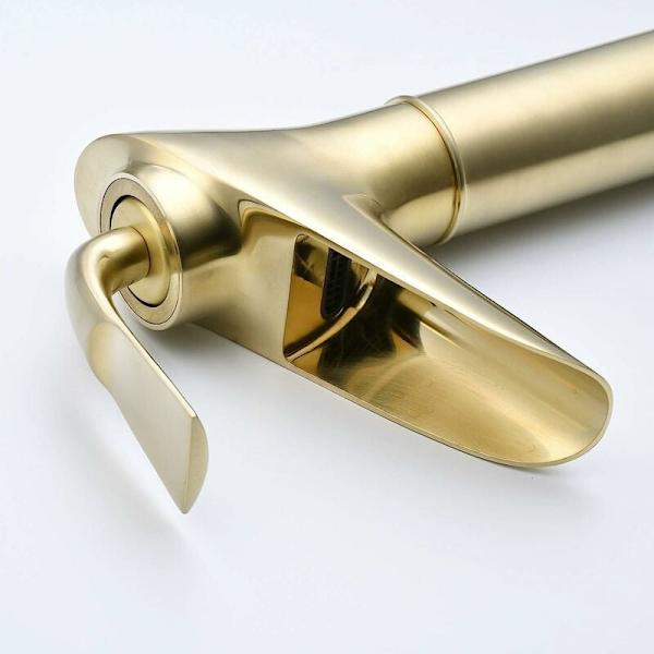 Badrumskran Borstad Guld Vattenfall Topp Massiv Mässing Handfat Kranar, Antik Retro Handfat Blandare, Varm och Kallt Justerbar, Keramisk Ventil KLB