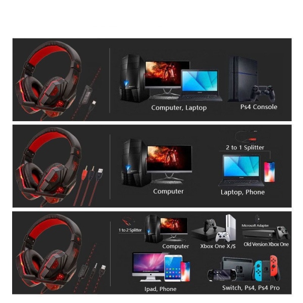 RGB gaming headset med stereo surround sound, 7.1 sort-rød