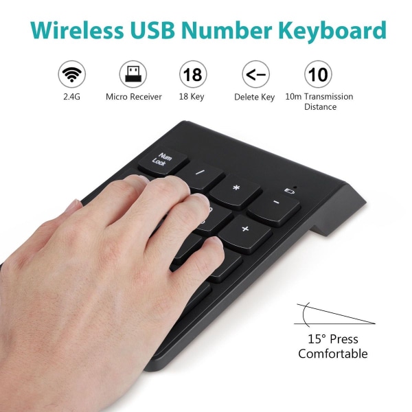 Numerisk tastatur, trådløs USB-taltastatur, 2,4 GHz, 18 taster, mini