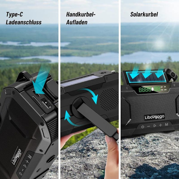 Nødradio Sprøjtesikker Bluetooth Højttaler Bærbar AM/FM Solar Crank Radio