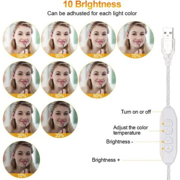 LED-peilivalot, Hollywood-valot kytkimillä, 3 väriä ja 10 himmennettävää