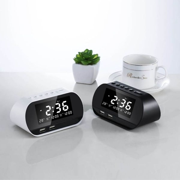 Dubbel USB-laddningsbar väckarklocka Smart trådlös radio LCD temperaturklocka - Europeisk