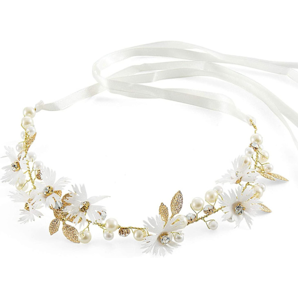 Blomsterdiadem för kvinnor med band, blommig krona, bröllopsdiadem, brudkrona, blomhårtillbehör för bröllop