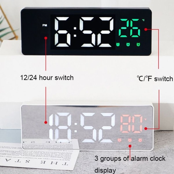 Stemmestyrt LED-demping, datotemperaturvisning, elektronisk klokke (svart).