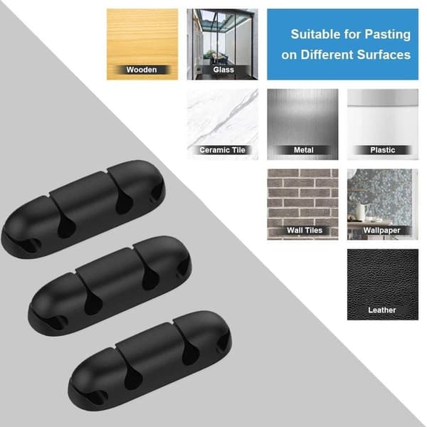 Kabelholder 3-pak skrivebordsarrangør kabelklemme sort KLB