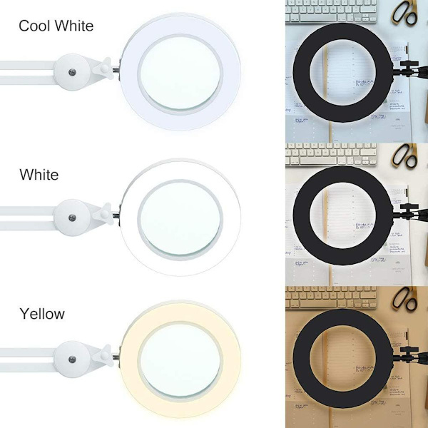 LED-forstørrelseslampe, arbejdspladslampe, 5 dioptrier forstørrelsesglas med lys - med klemme, KLB