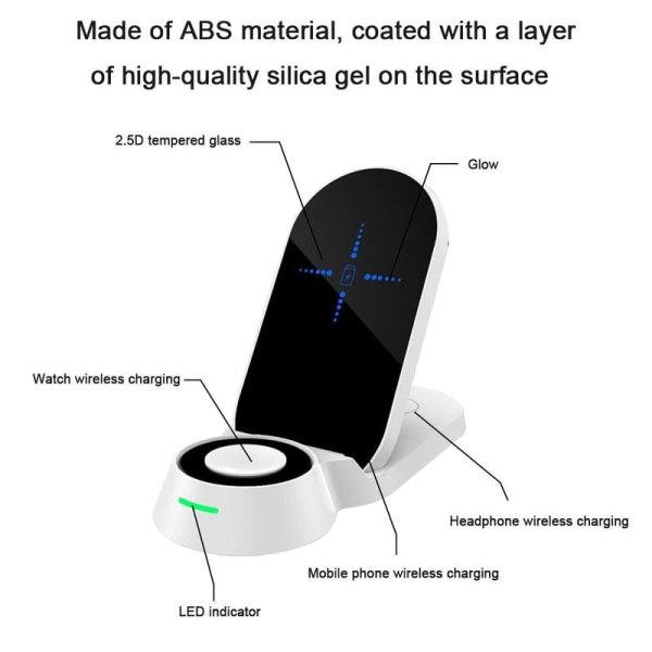 3 in 1 taitettava langaton latausasema, joka on yhteensopiva valkoisen kanssa