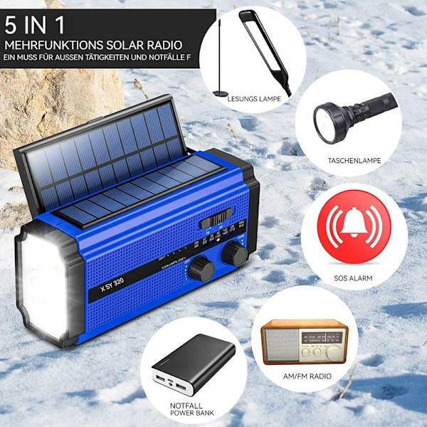 Bärbar solradio, AM/FM vevradio med uppladdningsbart 5000 mAh