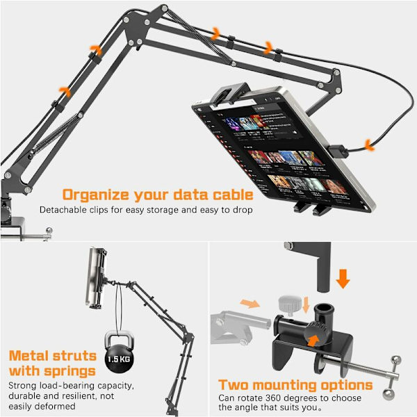 Tabletin sängynpidike. 360° kääntyvä tablet-tuki. tukevilla alumiinivarsilla. Sopii iPhoneen, iPadiin ja muihin elektronisiin laitteisiin, joiden näyttö on 4,7-12,9 tuumaa KLB