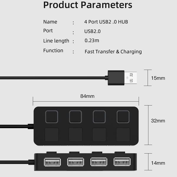4-porters USB 2.0 datahub med individuelle LED-belyste strømknapper
