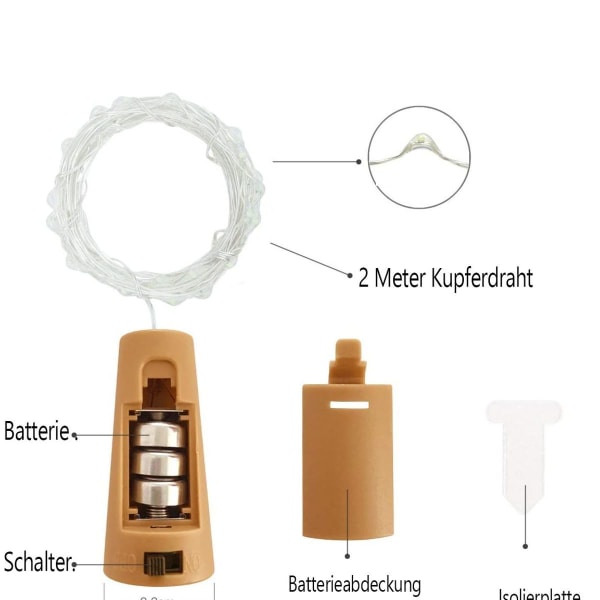 kolpop Pakke med 12 flaskelysbatterier, 2 m 20 LED glass korkelys kobbertråd KLB